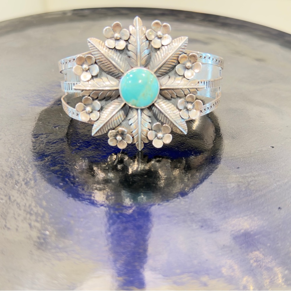 Sterling Silver Floral Turquoise Cuff Bracelet - Blue Turquoise Accent